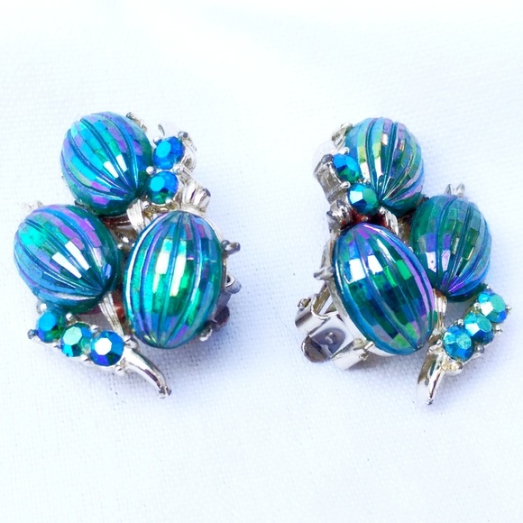 Vintage Coro Peacock AB Melon Glass Necklace & Earrings Set - Picture 7 of 8